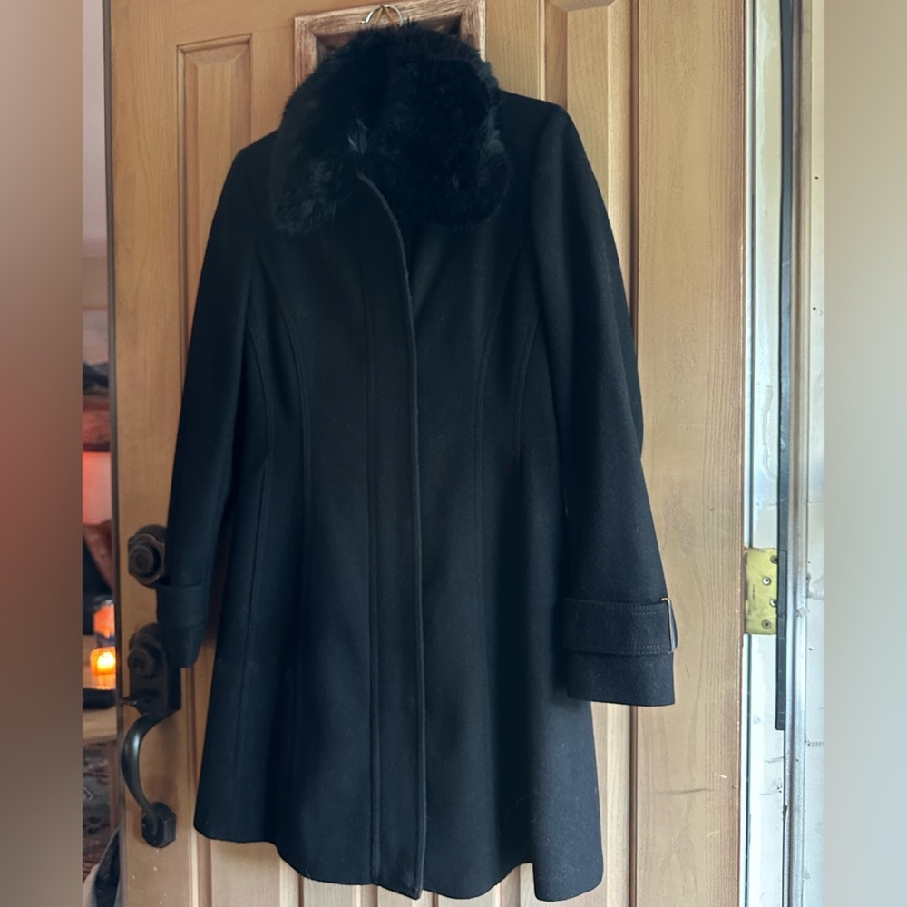 Calvin Klein Black Wool Coat with Fur Collar